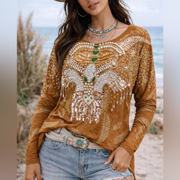 Bali Tops - Boho Bali Beaded Sequin Tunic Top OSFM Western Batwing Embellished Festival top